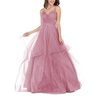 Prom Dresses Ball Gown V-Neck Sparkly Quinceanera Dress for Teens A-Line Layered Dusty Pink