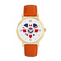 Queen's Platinum Jubilee Union Jack Heart Watch 2022 for Women, Analogue Display, Japanese Quartz Movement Watch with Orange Leather Strap, Custom Made