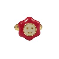 Gold Finish Red and White Enamel Large Smiley Face Flower Ring, 5-6