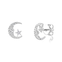 14k Gold Diamond Crescent Moon and Star Stud Earrings (0.13ct)