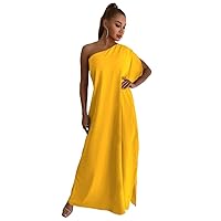 Wedding Guest Dress One Shoulder Split Sleeve Maxi Dress (Color : Yellow, Size : Small)
