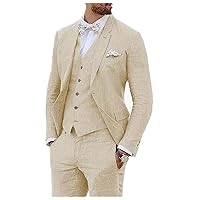 Summer Linen Men Suits (Blazer+Pants+Vest) Wedding Party Grooms Tuxedo
