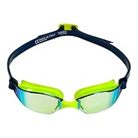 XCEED Adult Swim Goggles - Curved Lens Technology, Adjustable Nose Bridge - Ideal Partner for Performance Swimmers - Yellow Titanium Mirror Lens/Yellow + Navy Frame