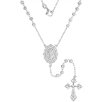 Sterling Silver Cubic Zirconia Rosary Necklace Oval Halo Miraculous Center Filigree Cross 3mm Moon Cut Beads Rhodium Finished 20 inch