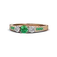 Emerald & Diamond Milgrain Work 3 Stone Ring with Side Emerald 0.80 ct tw in 14K Rose Gold