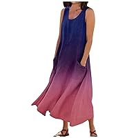 HTHLVMD Women's Summer Dresses Casual Floral Printed Boho Beach Sundress Crew Neck Sleeveless Loose Maxi Dress with Pockets