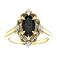 1.5 CT Vintage Black Marquise Engagement Ring 14K Yellow Gold, Victorian Marquise Black Diamond Rings, Filigree Marquise Black Onyx Ring, Wedding Ring For Her