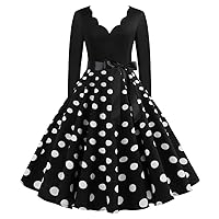 Women 1950s Vintage Swing Dresses Polka Dot Bowknot Belted Cocktail Dress Long Sleeve Scallop V Neck Tea Party Dress
