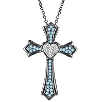 Created Heart Cut Blue Topaz 925 Sterling Silver 14K Gold Over Diamond Heart Cross Pendant Necklace for Women's & Girl's