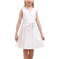 GORLYA Girls Sleeveless Summer Casual Notch Neck Twirly Swing Belted Dress with Pockets for 4-14T(GOR1146,6Y,White)