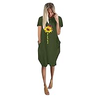 Women's Casual Dress Printed Crewneck Loose Fit Baggy Knee Length Short Sleeve Midi Shirt Dress Short Sleeve Summer Sundress Daily Wear Streetwear(2-Green,16) 1010