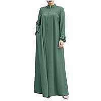 Plus Size Women Muslim Abaya Zip Up Stand Neck Solid Maxi Dress Casual Long Sleeve East Arabian Dubai Islamic Robe