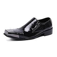 Mens Dress Tuxedo Shoes Slip On Formal Plain Burnished Genuine Leather Lined Classic Modern Square Metal Cap Toe Loafers