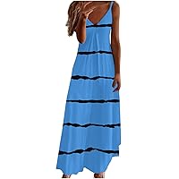 Women Stripe Print Spaghetti Strap Maxi Dress Summer Sleeveless V Neck Fashion Casual Tunic Sundress for Going Out