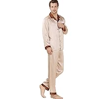Silk Pajamas for Men 16.5 Momme Mulberry Silk Long Sleeve Lounge Soft 2 Pieces Sleepwear (Champagne, M)