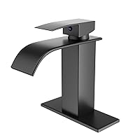 Black Waterfall Spout Bathroom Faucet, Stainless Steel Single Hole Bathroom Sink Faucet, RV Vanity Faucet with Deck Plate, 1-Hole or 3-Hole Bathroom Sink Faucet (Matte Black)