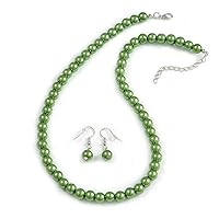 Avalaya Pea Green Glass Bead Necklace & Drop Earring Set In Silver Metal - 46cm Length/ 5cm Extension