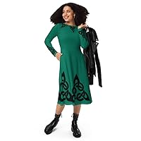 Emerald & Black Celtic Trinity Long Sleeve Knot Midi Dress w/Pockets and Sleeve Detail