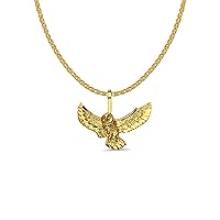 14K Yellow Gold Owl Pendant 15mmX20mm with 16 Inch To 22 Inch 1.2MM Width 14K Yellow Gold Flat Open Wheat Chain Necklace