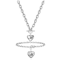 Silver Heart Initials Necklace Bracelet Sets-A-Z Stainless Steel Engraved Charm Bracelet, Woman Girl Jewelry Birthday Festival Gift