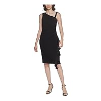 Vince Camuto Womens Stretch Zippered Ruched Ruffle Trim Sleeveless Asymmetrical Neckline Above The Knee Party Body Con Dress