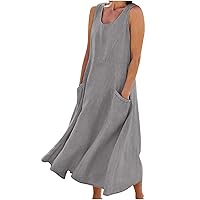 Cotton Linen Dress Sleeveless Linen Dresses for Women, 2024 Summer Pocket Dress Casual Scoop Neck Tank Dress Trendy Loose Fit Sundress Vestidos para Mujer Embarazada Gray