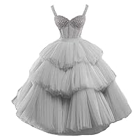 Women's Sweetheart Beaded Illusion Prom Dress Mid Length Evening Party Dresses Tiered Tulle