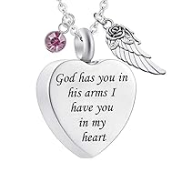 God has You in his arms with Angel Wing Charm Cremation Ashes Jewelry Keepsake Memorial Urn Necklace with Birthstone Crystal