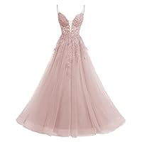 Elegant V Neck Spaghetti Strap Tulle Prom Dresses with Split 2024 A Line Lace Appliques Long Formal Evening Gown TM12