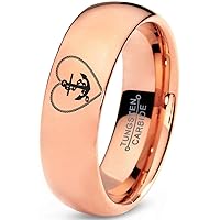 Anchor Sailor Heart Love Ring - Tungsten Band 8mm - Men - Women - 18k Rose Gold Step Bevel Edge - Yellow - Grey - Blue - Black - Brushed - Polished - Wedding - Gift Dome Flat Cut