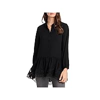 Vince Camuto Womens Black Sheer Lace Trimmed Button Down Cuffed Sleeve Collared Wear to Work Tunic Top S