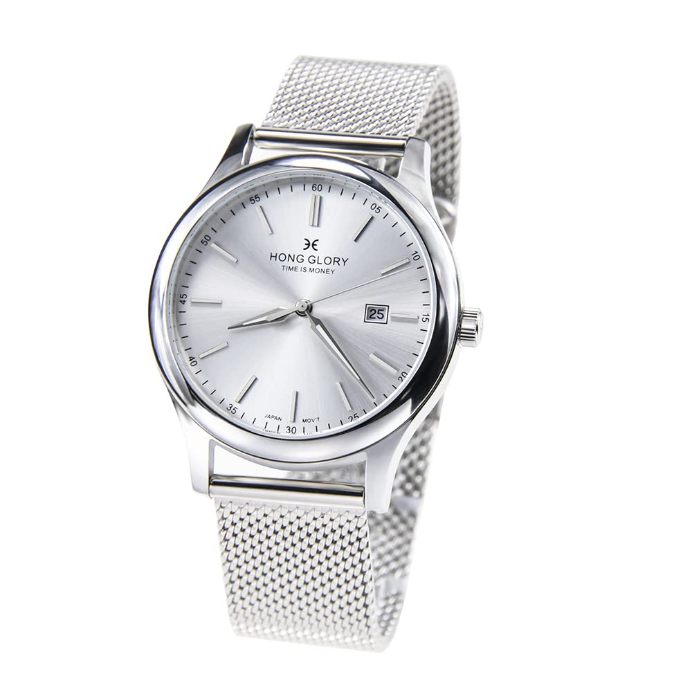 Hong Glory Mens Watch, Business Casual Wrist Watches, Stainless Steel Waterproof Date Analog Quartz Watch, Watch Hands Luminous (Silver)(HG092601)
