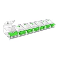 Weekly (7-Day) Push Button Pill Organizer and Planner, Arthritis Friendly, X-Large, Clear Lids, Green (67571GAMT)