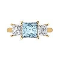 2.97ct Princess Cut 3 Stone Solitaire with Accent Aquamarine Blue Simulated Diamond designer Modern Ring 14k Yellow Gold