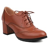 Women's Classic Lace Up Wingtip Oxfords Pumps Chunky Block Mid Heel Round Toe Leather Vintage Dress Shoes