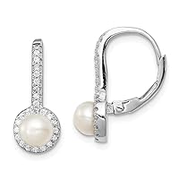 925 Sterling Silver Rh 5 6mm Button Freshwater Cultured Pearl CZ Cubic Zirconia Simulated Diamond Long Drop Dangle Earrings Measures Jewelry for Women