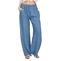 Wide Leg Cotton Pants for Women Drawstring High Waisted Pants Casual Long Pants with Pockets Comfy Loose Fit Trousers