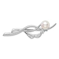 925 Sterling Silver Polished CZ Cubic Zirconia Simulated Diamond Freshwater Cultured Pearl Pin Measures 53x16mm Wide Jewelry for Women