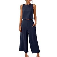 JEGULV Womens 2 Piece Outfits 2024 Spring Summer Casual Vacation Outfits Sleeveless Crop Tops with Wide Leg Pant Sets