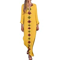 Yellow Mini Dress,Women Casual Boho Dresses Print Dress V Neck Big Swing Dress Long Sleeve Maxi Dress Dress Max