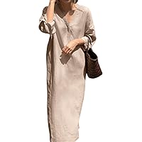 TIAFORD Women’s Cotton Linen V Neck Maxi Dress Casual Long Sleeve Button Down Maxi Dress with Belt