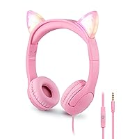 PINGKO Kids Headphones: Toddler Headphones with Microphone - Cat Ear Headphones for Girls Boys, LED Light 3.5mm Jack, 85db Volume, Music Sharing Stereo Earphones for iPad | School | Travel (Pink)