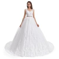 Women's Simple V Neck Sleeveless Tulle Wedding Dresses Backless Bride Ball Gown Lace Applique Bridal Dress