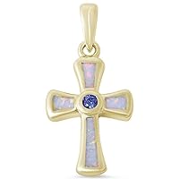 13795 Yellow Gold Plated Round Simulated Tanzanite & Lab Created White Opal Cross .925 Sterling Silver Pendant
