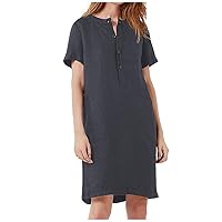 Women's Casual Dress V Neck Button Knee Length T-Shirt Dress Short Sleeve Loose Dress with Pocket