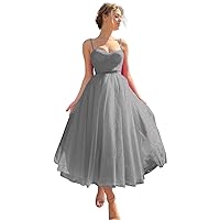 Spaghetti Strap Puffy Tulle Prom Dresses for Women A Line Tea Length Sweetheart Formal Evening Gown