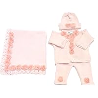 Bubu Knitted & Crochet Finished Pink Cotton Sweater Pant Hat with Roses Blanket.