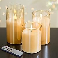 Gold Glass Flameless Candles with Remote, Flickering Real Wax Wick Battery LED Pillar Candles 3 Pack Φ 3