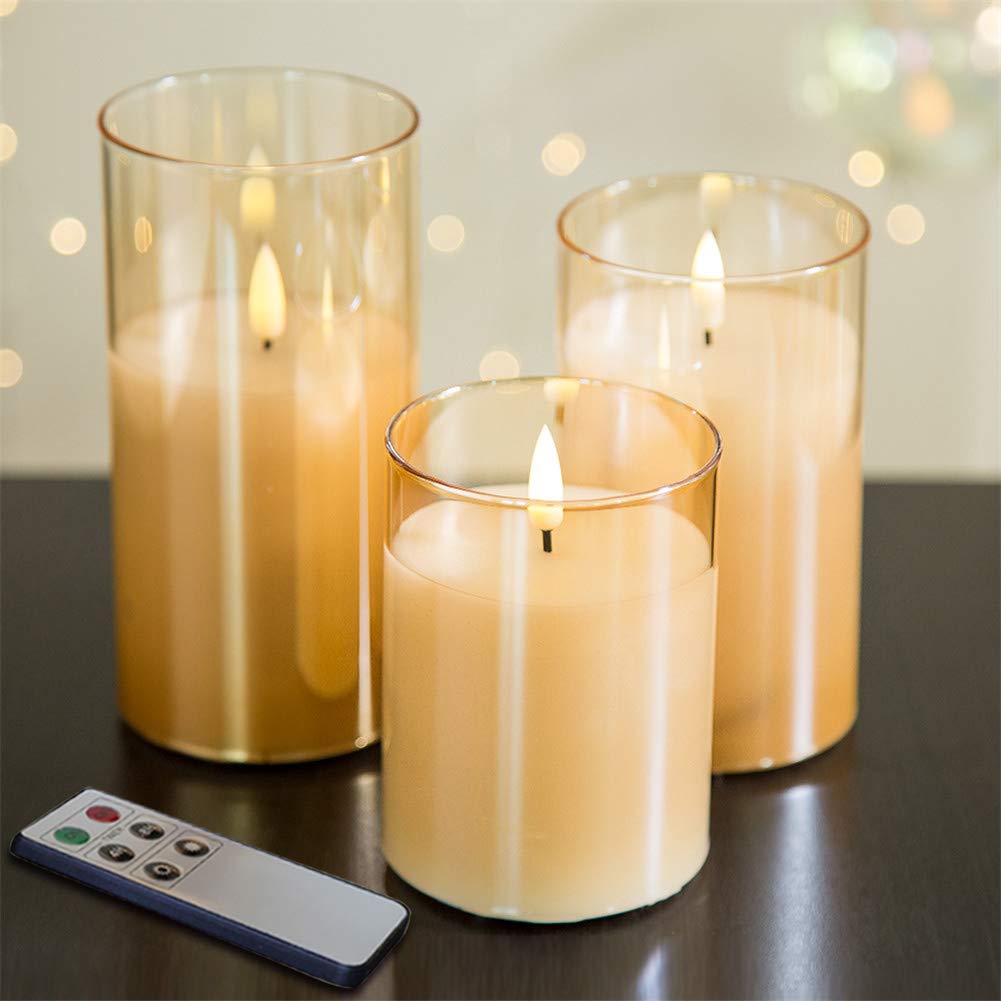 Eywamage Gold Glass Flameless Candles with Remote, Flickering Real Wax Wick Battery LED Pillar Candles 3 Pack Φ 3