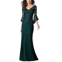 Women's Mermaid Chiffon Mother of The Bride Dresses Lace Applique Evening Gowns with Sleeves
